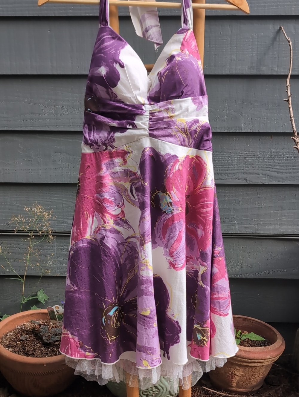 Ruby Rox Halter Purple & Pink Floral Halter Fit-and-Flare Prom Dress Tulle